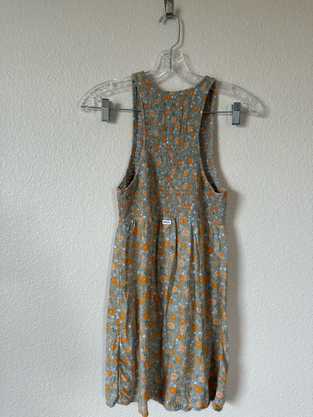 RVCA Floral Mini Dress XS Green Orange Smocked Bodice - Picture 2 of 11